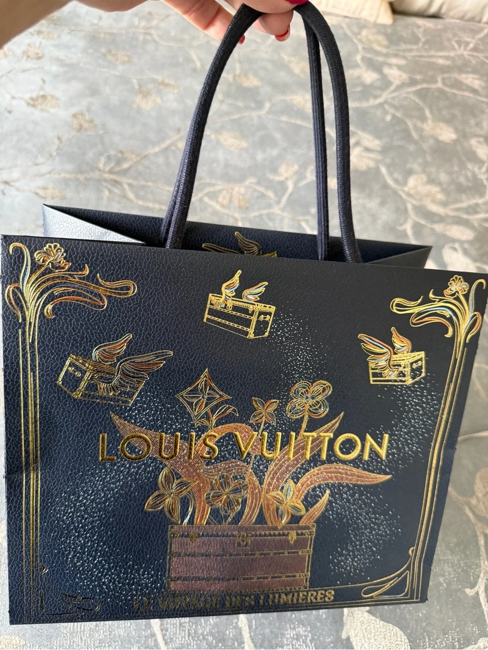 Authentic Louis Vuitton Navy & Gold Decorative Gift Bag with Rope Handles.